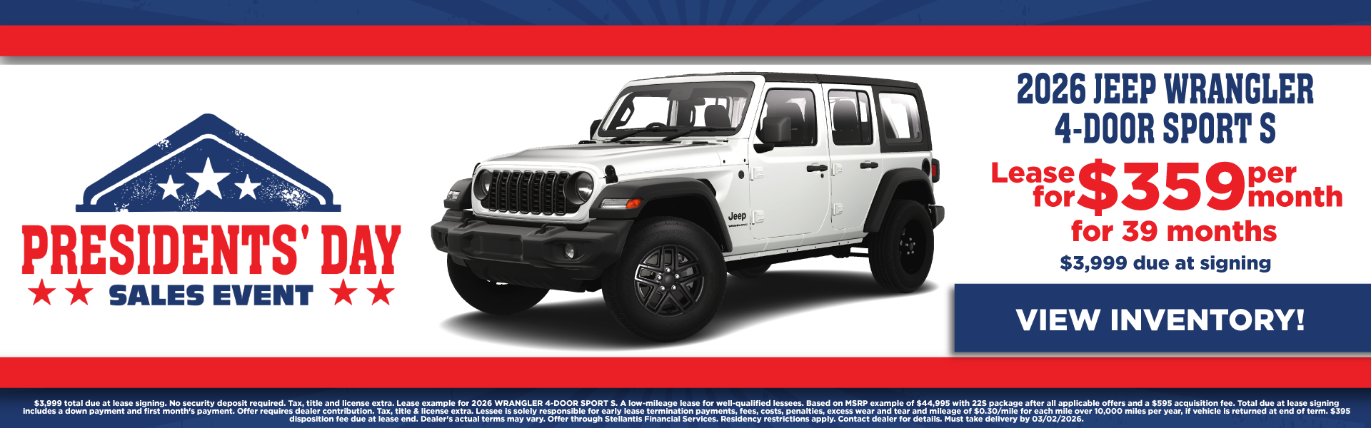 2026 Jeep Wrangler 4-DOOR SPORT S Lease for $359 per month f