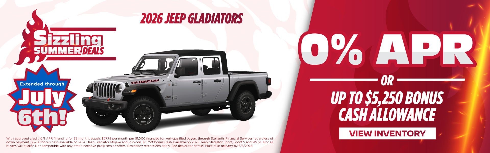 2026 Jeep Gladiators 0% APR Or up to $5,250 Bonus Cash Allow