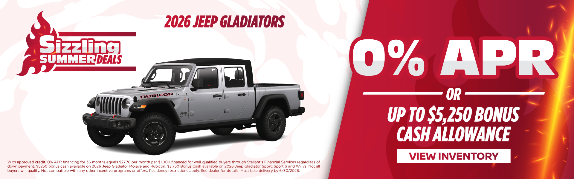 2026 Jeep Gladiators 0% APR Or up to $5,250 Bonus Cash Allow